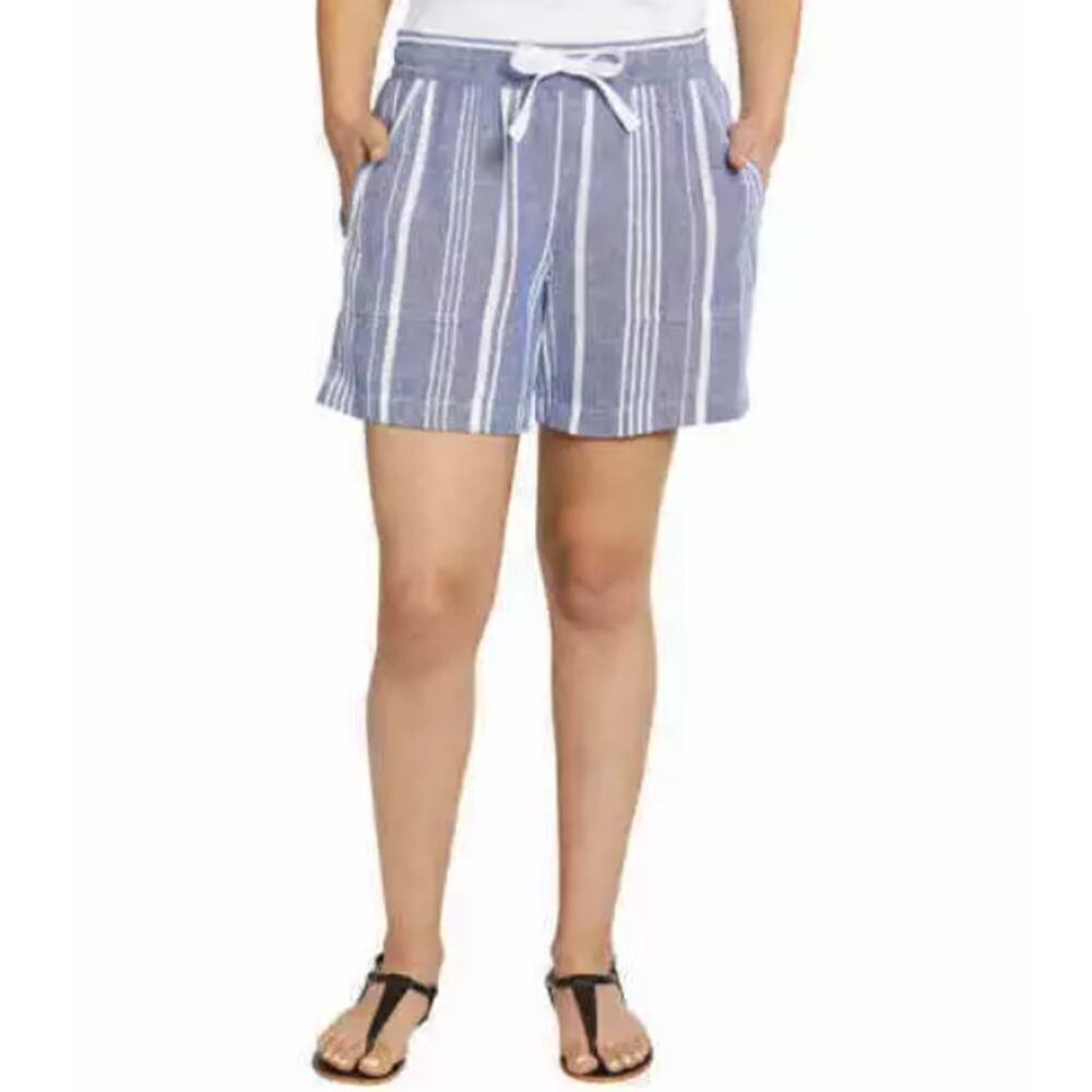 Nautica Size XS Linen Drawstring Vacation Shorts Striped Blue White Casual